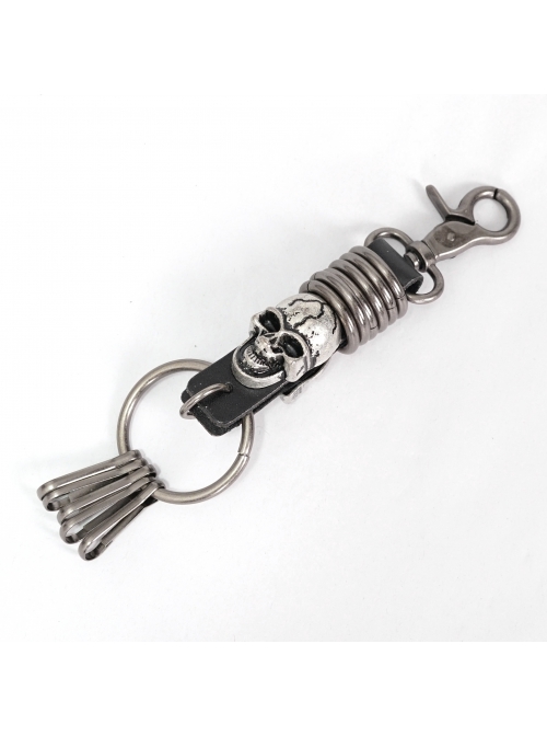 Punk Unisex Black Leather Stitching Metal Cracked Skull Decoration Multiple Chain Buckles Design Keychain