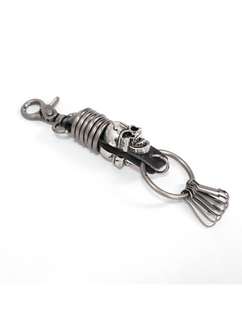 Punk Unisex Black Leather Stitching Metal Cracked Skull Decoration Multiple Chain Buckles Design Keychain