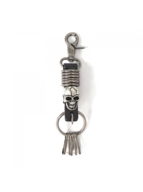 Punk Unisex Black Leather Stitching Metal Cracked Skull Decoration Multiple Chain Buckles Design Keychain