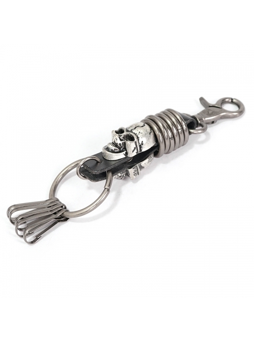 Punk Unisex Black Leather Stitching Metal Cracked Skull Decoration Multiple Chain Buckles Design Keychain