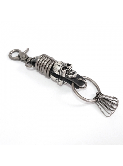 Punk Unisex Black Leather Stitching Metal Cracked Skull Decoration Multiple Chain Buckles Design Keychain