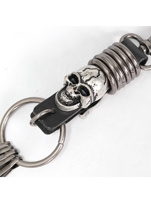 Punk Unisex Black Leather Stitching Metal Cracked Skull Decoration Multiple Chain Buckles Design Keychain