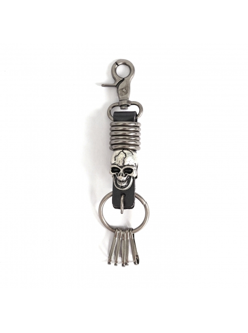 Punk Unisex Black Leather Stitching Metal Cracked Skull Decoration Multiple Chain Buckles Design Keychain