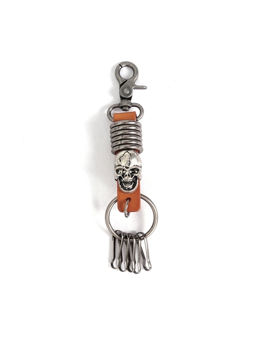Punk Unisex Brown Leather Stitching Metal Cracked Skull Decoration Multiple Chain Buckles Design Keychain
