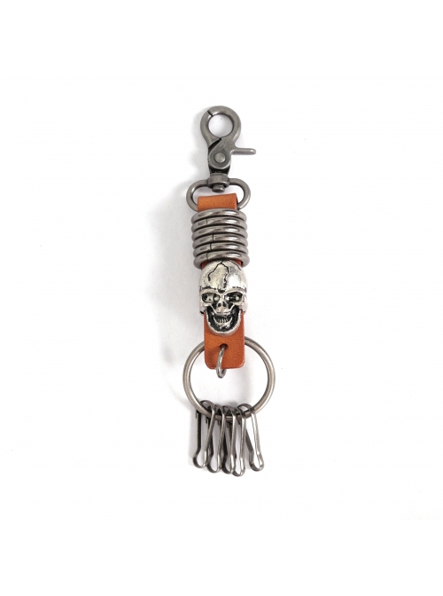 Punk Unisex Brown Leather Stitching Metal Cracked Skull Decoration Multiple Chain Buckles Design Keychain