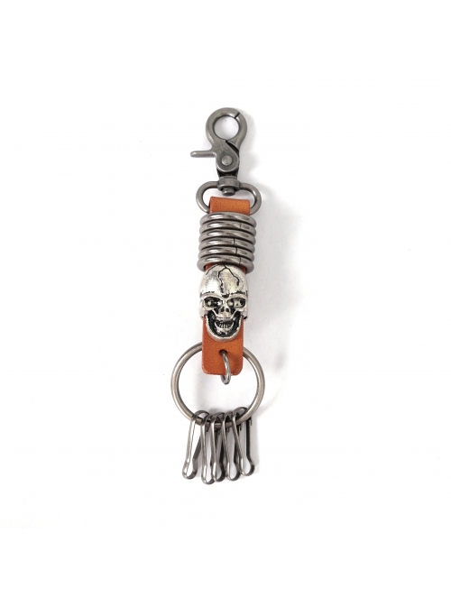 Punk Unisex Brown Leather Stitching Metal Cracked Skull Decoration Multiple Chain Buckles Design Keychain