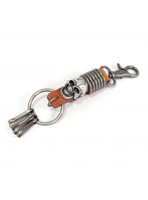Punk Unisex Brown Leather Stitching Metal Cracked Skull Decoration Multiple Chain Buckles Design Keychain