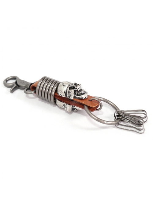 Punk Unisex Brown Leather Stitching Metal Cracked Skull Decoration Multiple Chain Buckles Design Keychain