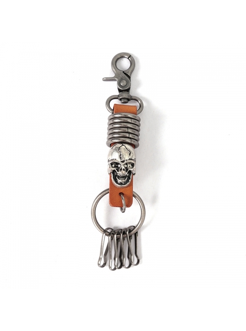 Punk Unisex Brown Leather Stitching Metal Cracked Skull Decoration Multiple Chain Buckles Design Keychain