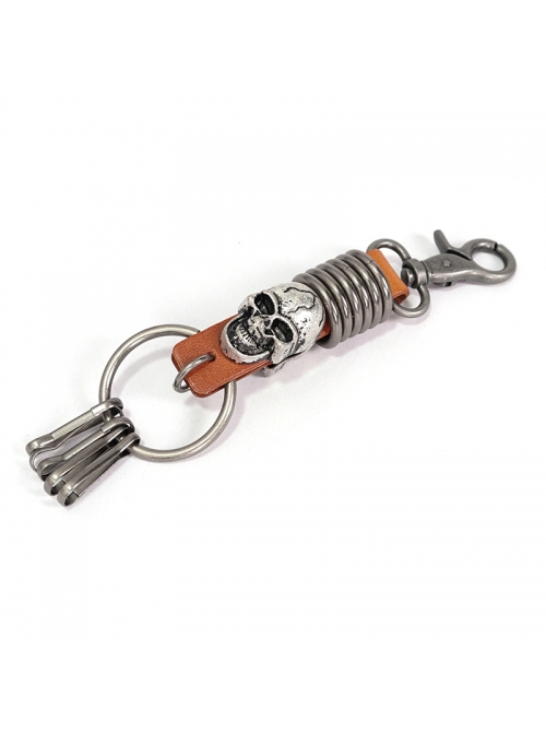 Punk Unisex Brown Leather Stitching Metal Cracked Skull Decoration Multiple Chain Buckles Design Keychain