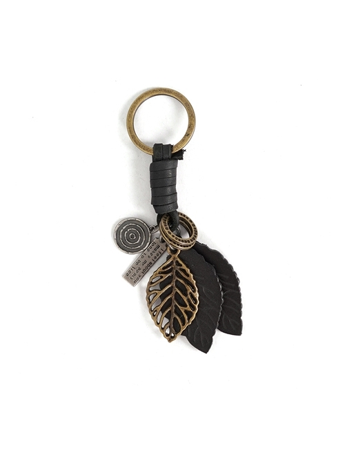 Punk Unisex Black Leather With Carved Metal Leaf Design Lettering Metal Keychain