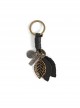 Punk Unisex Black Leather With Carved Metal Leaf Design Lettering Metal Keychain