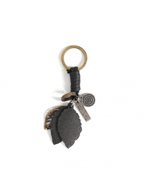 Punk Unisex Black Leather With Carved Metal Leaf Design Lettering Metal Keychain