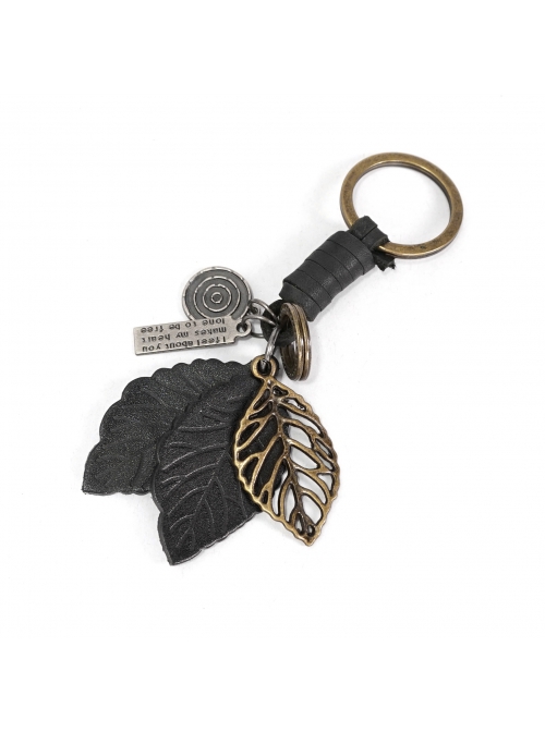Punk Unisex Black Leather With Carved Metal Leaf Design Lettering Metal Keychain