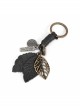 Punk Unisex Black Leather With Carved Metal Leaf Design Lettering Metal Keychain