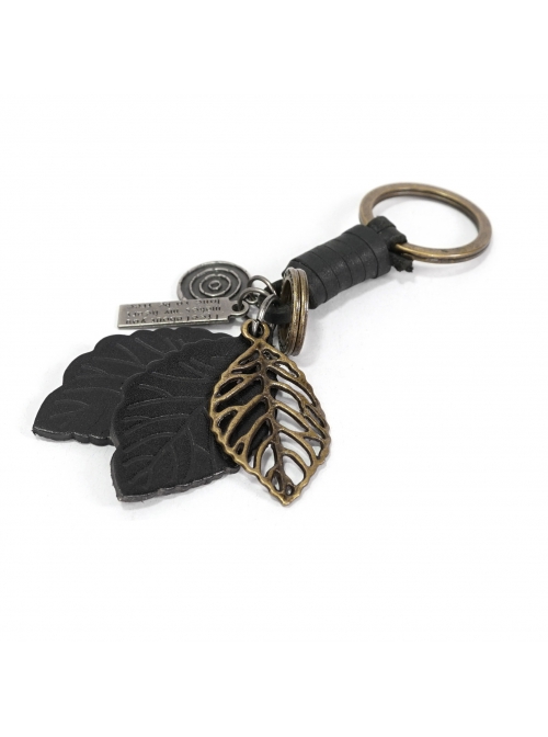 Punk Unisex Black Leather With Carved Metal Leaf Design Lettering Metal Keychain