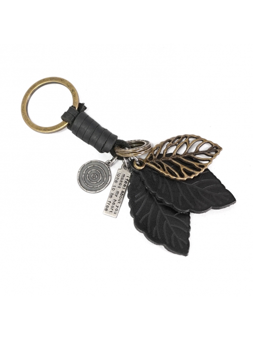 Punk Unisex Black Leather With Carved Metal Leaf Design Lettering Metal Keychain