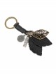 Punk Unisex Black Leather With Carved Metal Leaf Design Lettering Metal Keychain