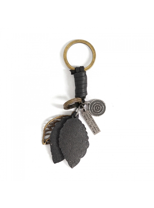 Punk Unisex Black Leather With Carved Metal Leaf Design Lettering Metal Keychain
