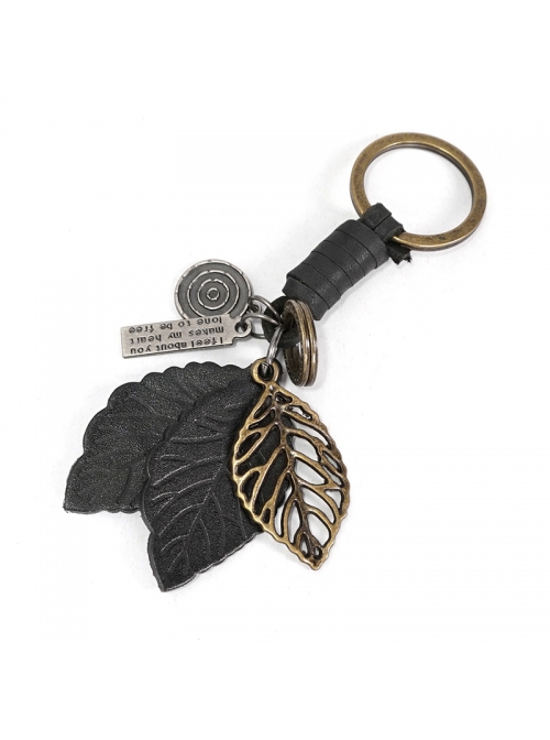 Punk Unisex Black Leather With Carved Metal Leaf Design Lettering Metal Keychain