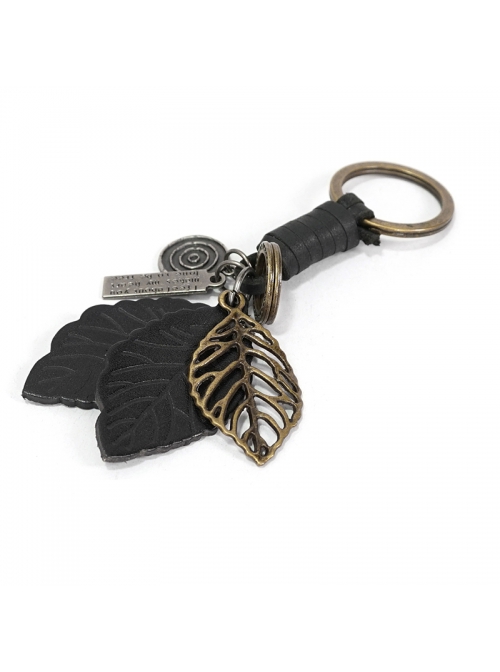 Punk Unisex Black Leather With Carved Metal Leaf Design Lettering Metal Keychain