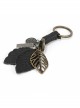 Punk Unisex Black Leather With Carved Metal Leaf Design Lettering Metal Keychain
