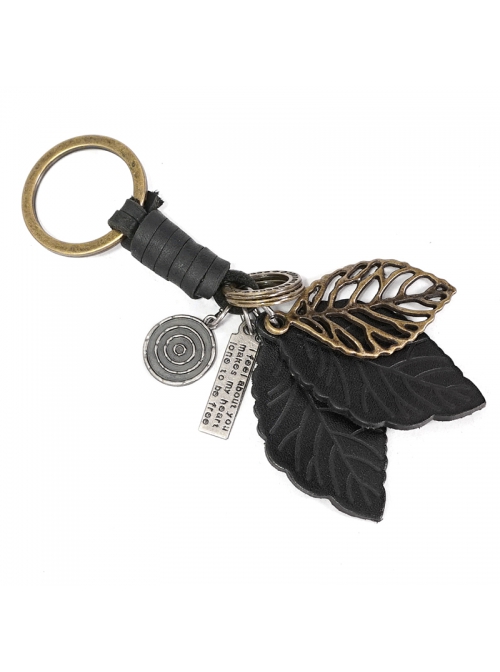 Punk Unisex Black Leather With Carved Metal Leaf Design Lettering Metal Keychain