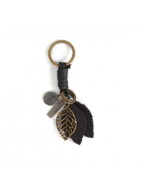 Punk Unisex Black Leather With Carved Metal Leaf Design Lettering Metal Keychain