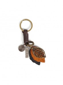 Punk Unisex Brown Leather With Carved Metal Leaf Design Lettering Metal Keychain