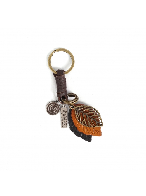 Punk Unisex Brown Leather With Carved Metal Leaf Design Lettering Metal Keychain