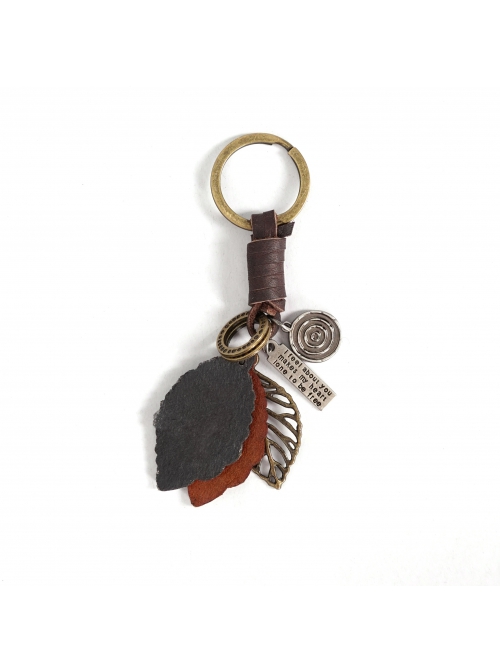 Punk Unisex Brown Leather With Carved Metal Leaf Design Lettering Metal Keychain