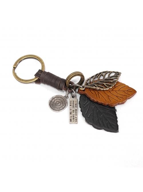 Punk Unisex Brown Leather With Carved Metal Leaf Design Lettering Metal Keychain