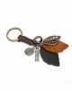 Punk Unisex Brown Leather With Carved Metal Leaf Design Lettering Metal Keychain