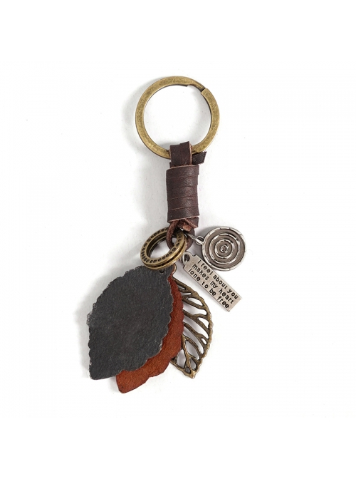 Punk Unisex Brown Leather With Carved Metal Leaf Design Lettering Metal Keychain