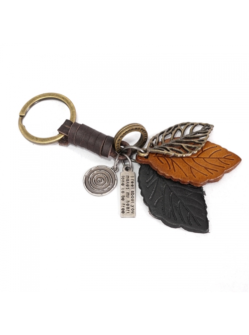 Punk Unisex Brown Leather With Carved Metal Leaf Design Lettering Metal Keychain
