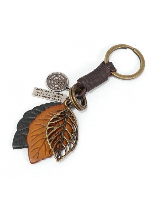 Punk Unisex Brown Leather With Carved Metal Leaf Design Lettering Metal Keychain
