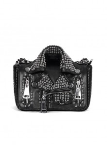 Punk Female Black Leather Imitation Collar Design Metal Rivet Zipper Decoration Chain Bag