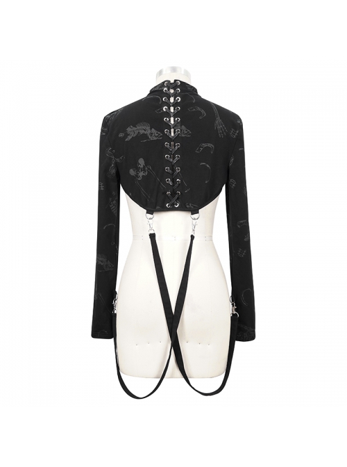 Punk Skull Pattern Print Back Strap Buckle Design Black Female Shawl