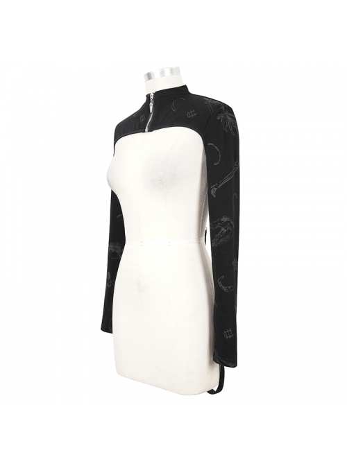 Punk Skull Pattern Print Back Strap Buckle Design Black Female Shawl