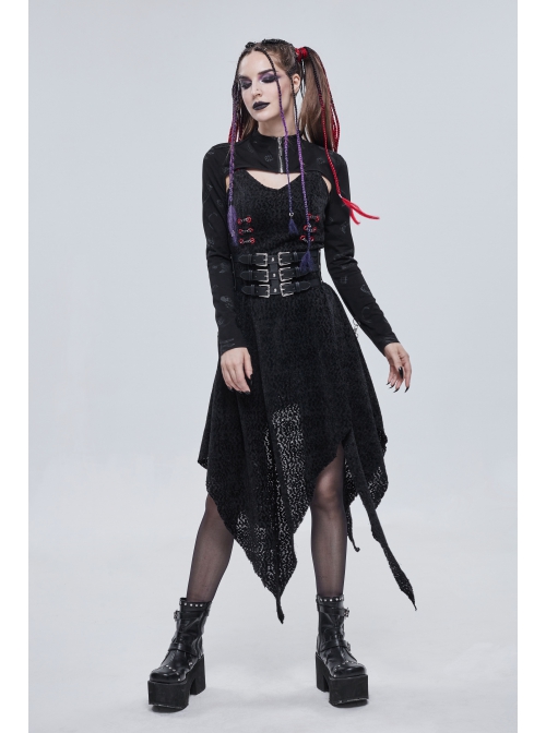 Punk Skull Pattern Print Back Strap Buckle Design Black Female Shawl