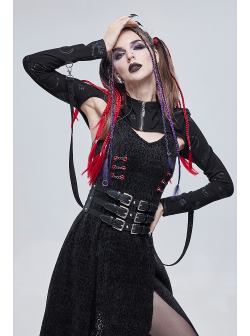 Punk Skull Pattern Print Back Strap Buckle Design Black Female Shawl