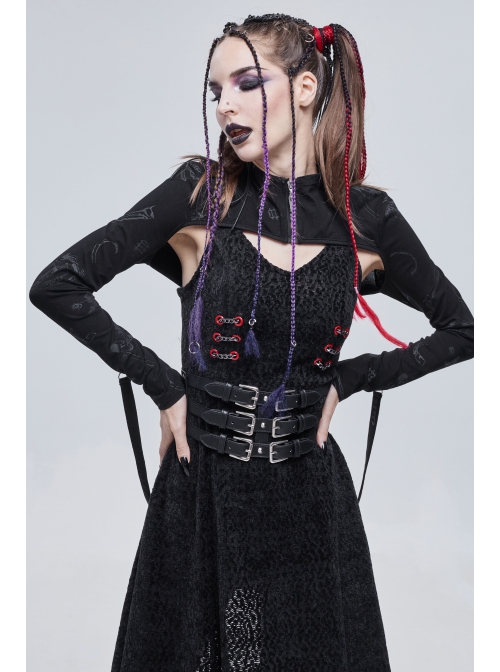 Punk Skull Pattern Print Back Strap Buckle Design Black Female Shawl