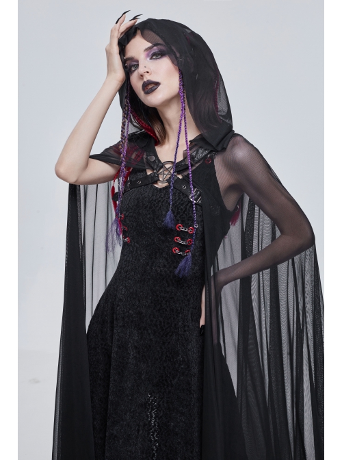 Punk Cross Leather Straps On Chest Design Metal Five-Pointed Star Decoration Female Long Cape With Hood