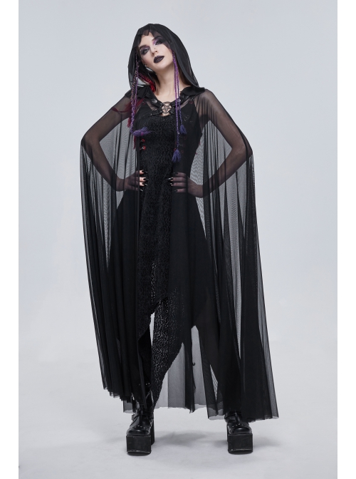 Punk Cross Leather Straps On Chest Design Metal Five-Pointed Star Decoration Female Long Cape With Hood