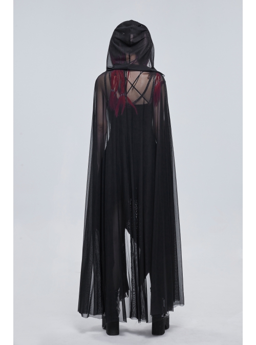 Punk Cross Leather Straps On Chest Design Metal Five-Pointed Star Decoration Female Long Cape With Hood