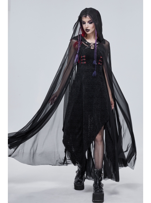 Punk Cross Leather Straps On Chest Design Metal Five-Pointed Star Decoration Female Long Cape With Hood