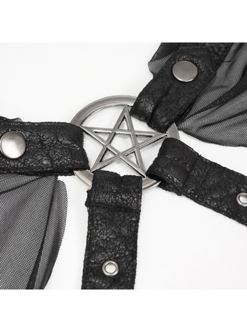 Punk Cross Leather Straps On Chest Design Metal Five-Pointed Star Decoration Female Long Cape With Hood