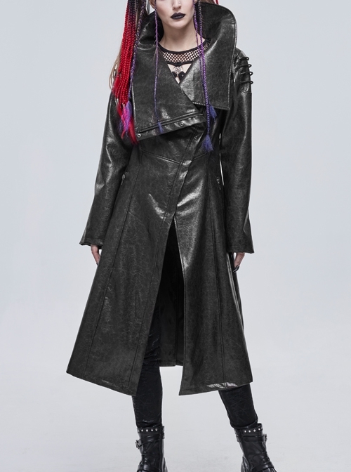 Black-Gray Dark Pattern Exaggerated Large Neckline Design  Shoulder String Decoration Long Leather Jacket