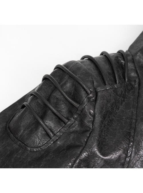 Black-Gray Dark Pattern Exaggerated Large Neckline Design  Shoulder String Decoration Long Leather Jacket