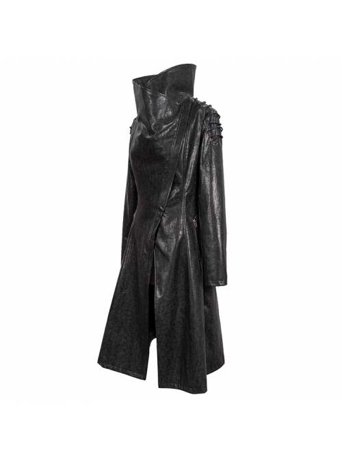 Black-Gray Dark Pattern Exaggerated Large Neckline Design  Shoulder String Decoration Long Leather Jacket
